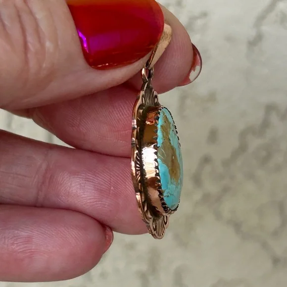 Southwestern #8 Turquoise and Copper Pendant 1.5” - Picture 3 of 8
